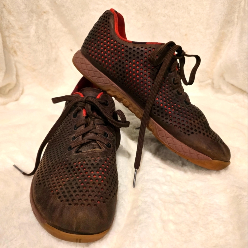 Coffee leather and orange camo Nobull trainers, womens size 10